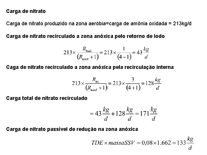 Carga de nitrato produzido na zona aeróbia=carga de amônia oxidada = 213 kg/d Carga