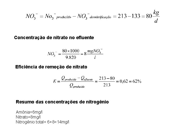 Concentração de nitrato no efluente Eficiência de remoção de nitrato Resumo das concentrações de