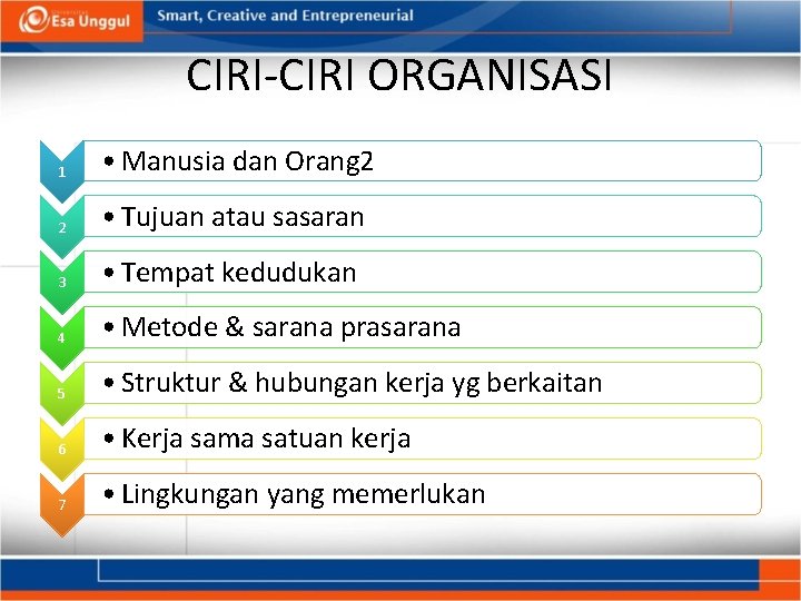 CIRI-CIRI ORGANISASI 1 • Manusia dan Orang 2 2 • Tujuan atau sasaran 3