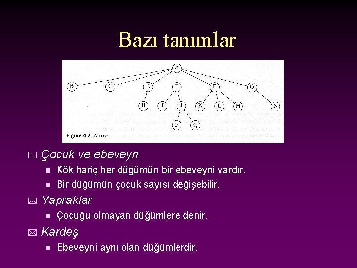 Bazı tanımlar * Çocuk ve ebeveyn Kök hariç her düğümün bir ebeveyni vardır. n