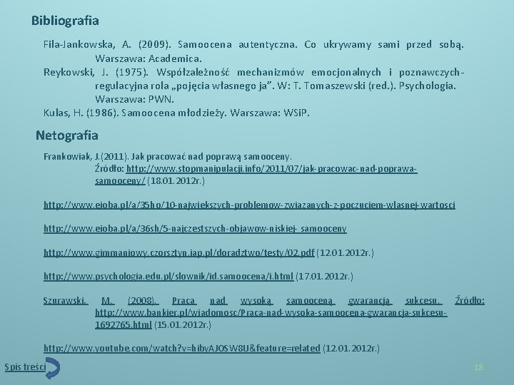 Bibliografia Fila-Jankowska, A. (2009). Samoocena autentyczna. Co ukrywamy sami przed sobą. Warszawa: Academica. Reykowski,