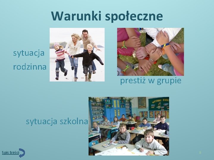 Warunki społeczne sytuacja rodzinna prestiż w grupie sytuacja szkolna Spis treści 8 