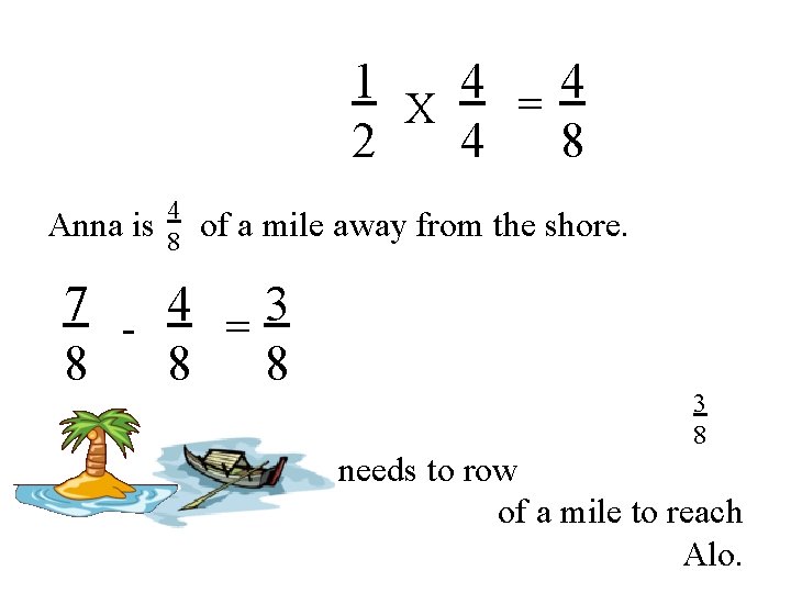 1 4 =4 X 2 4 8 Anna is 4 8 of a mile