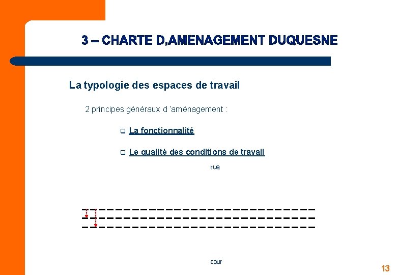 La typologie des espaces de travail 2 principes généraux d ’aménagement : q La