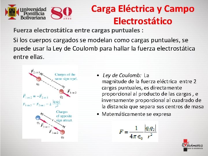 Carga Eléctrica y Campo Electrostático Fuerza electrostática entre cargas puntuales : Si los cuerpos