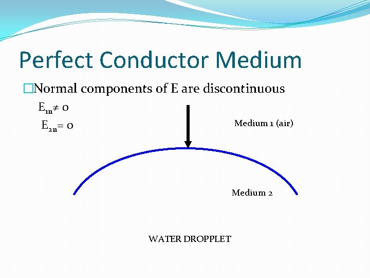 Perfect Conductor Medium �Normal components of E are discontinuous E 1 n≠ 0 Medium