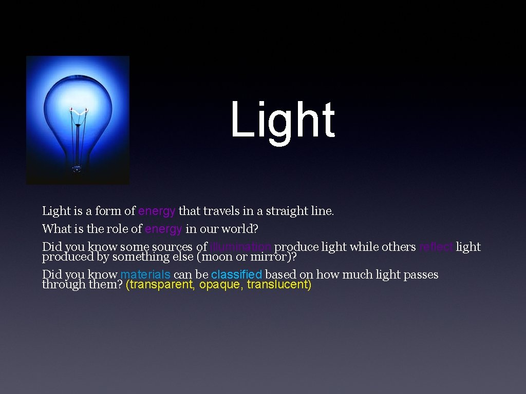 Light is a form of energy that travels in a straight line. What is
