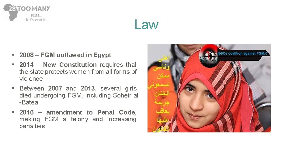 Law § 2008 – FGM outlawed in Egypt § 2014 – New Constitution requires