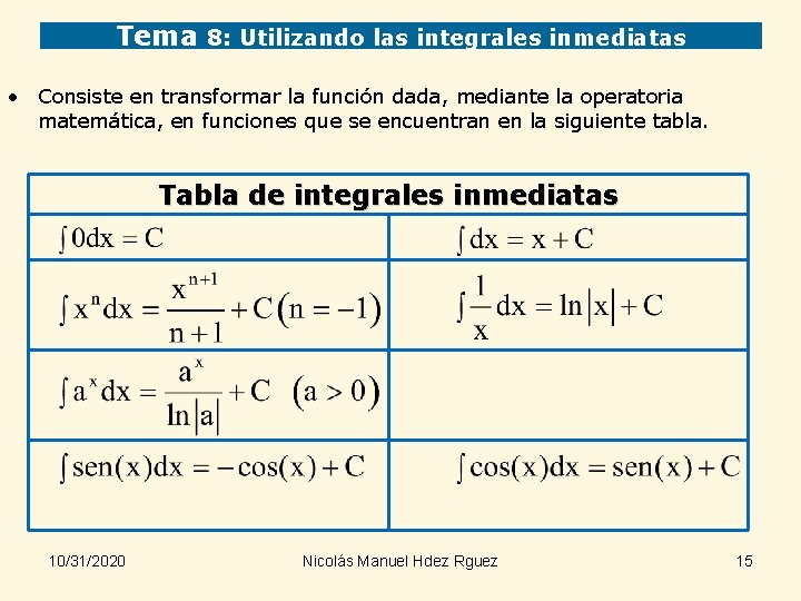 Tema 8: Utilizando las integrales inmediatas • Consiste en transformar la función dada, mediante