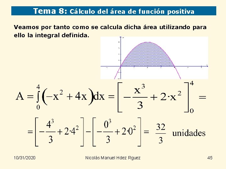 Tema 8: Cálculo del área de función positiva Veamos por tanto como se calcula