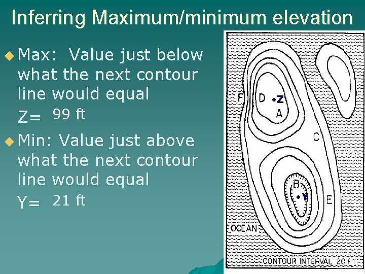Inferring Maximum/minimum elevation u Max: Value just below what the next contour line would