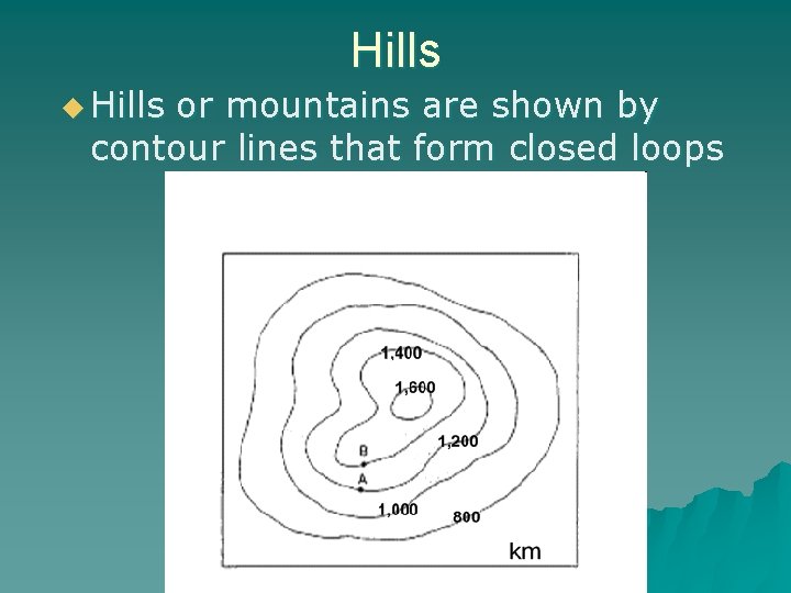Hills u Hills or mountains are shown by contour lines that form closed loops