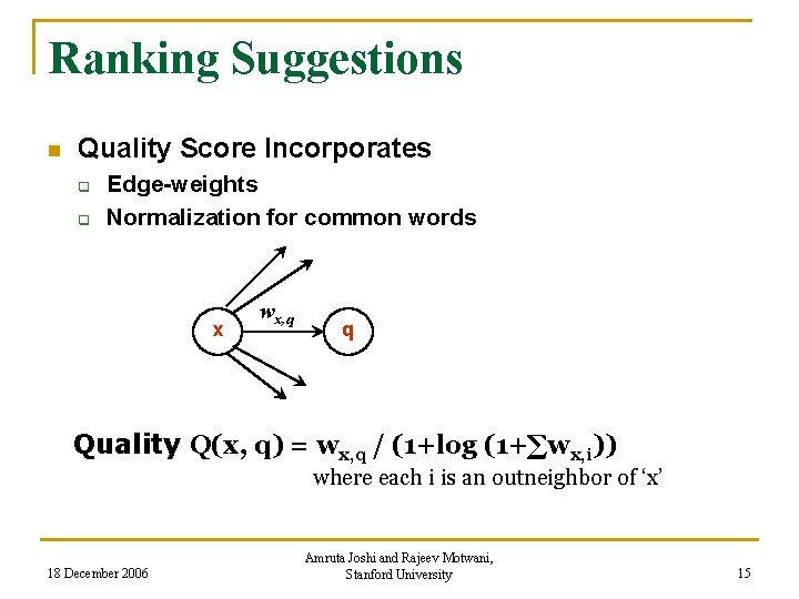 Ranking Suggestions n Quality Score Incorporates q q Edge-weights Normalization for common words x