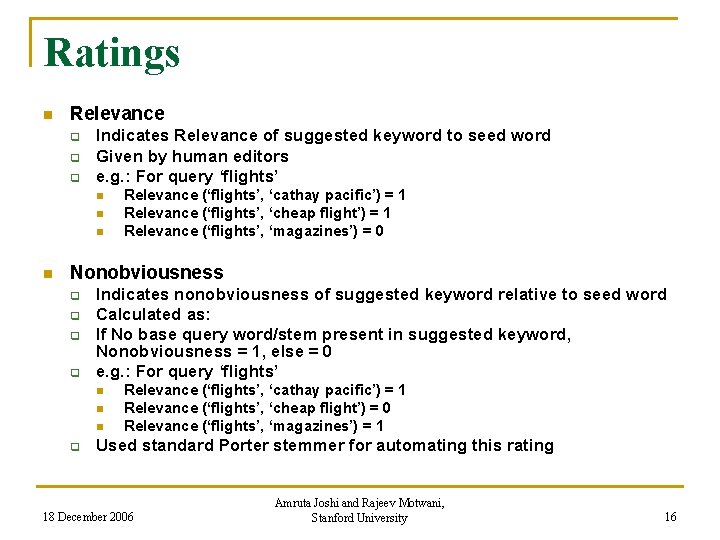 Ratings n Relevance q q q Indicates Relevance of suggested keyword to seed word