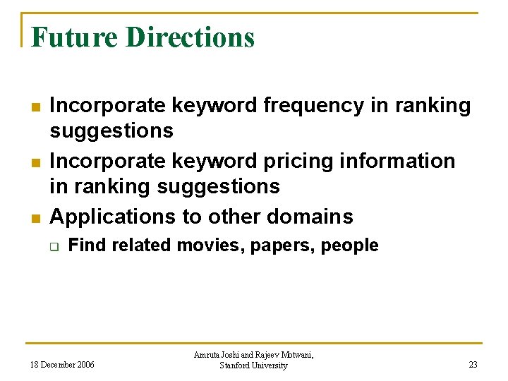 Future Directions n n n Incorporate keyword frequency in ranking suggestions Incorporate keyword pricing