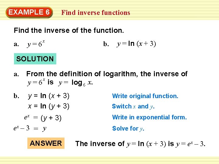 EXAMPLE 6 Find inverse functions Find the inverse of the function. a. y=6 x