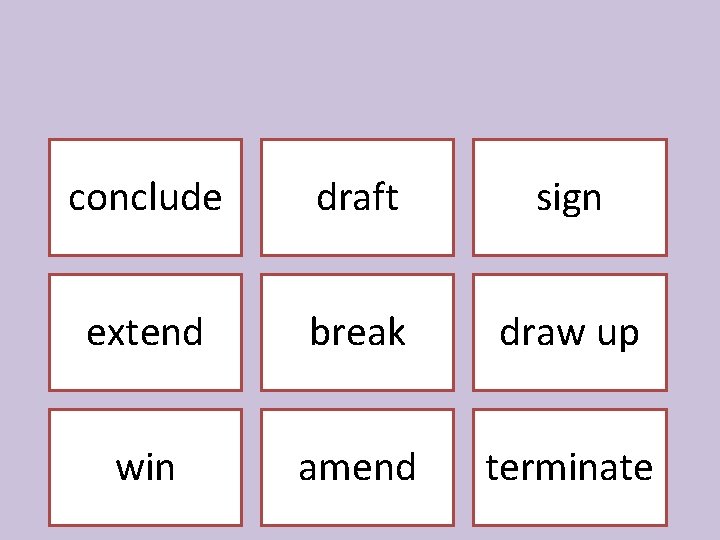 conclude draft sign extend break draw up win amend terminate 