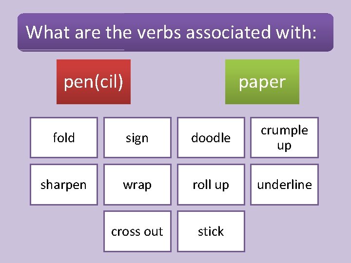 What are the verbs associated with: pen(cil) paper fold sign doodle crumple up sharpen