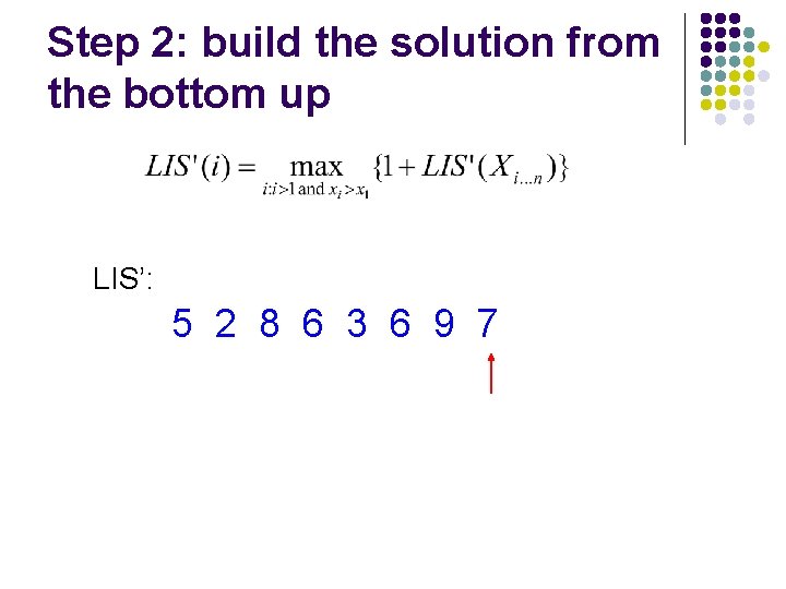 Step 2: build the solution from the bottom up LIS’: 5 2 8 6