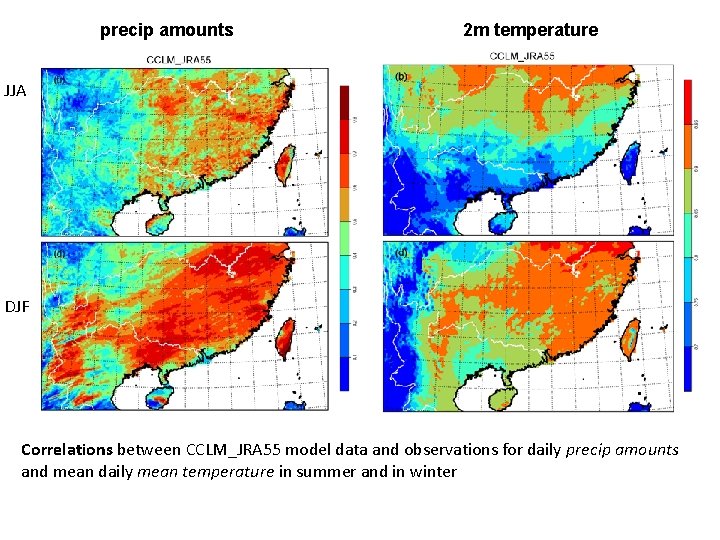 precip amounts JJA 2 m temperature % DJF Correlations between CCLM_JRA 55 model data