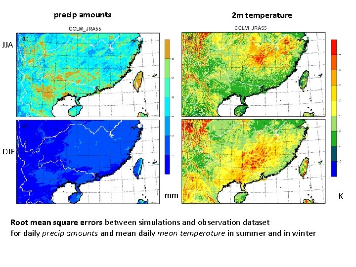 precip amounts 2 m temperature JJA % DJF mm Root mean square errors between