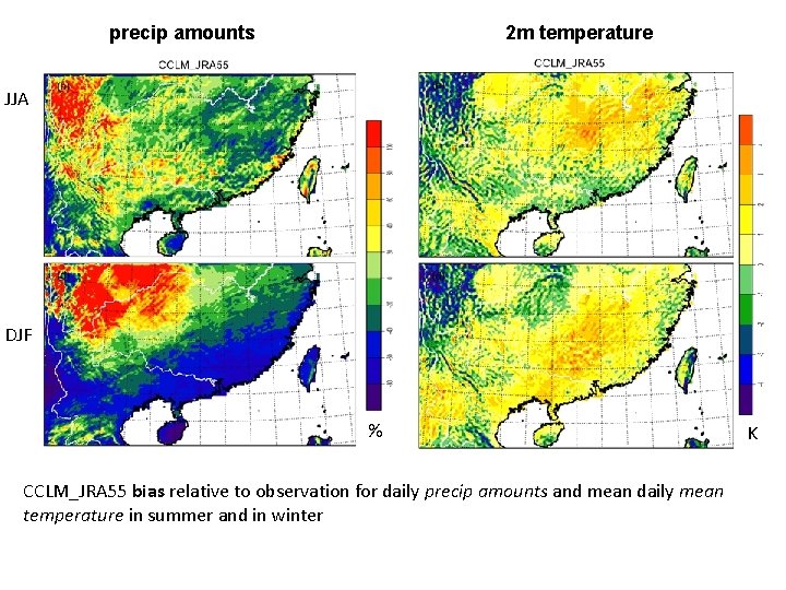 precip amounts 2 m temperature JJA % DJF % CCLM_JRA 55 bias relative to