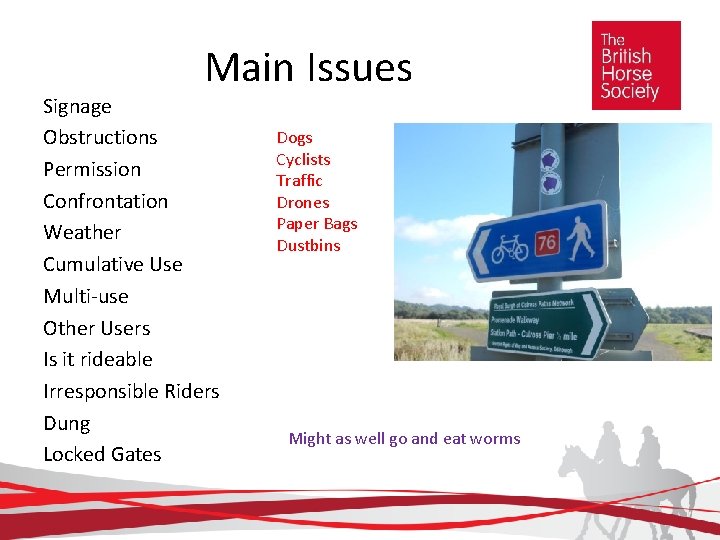 Main Issues Signage Obstructions Permission Confrontation Weather Cumulative Use Multi-use Other Users Is it