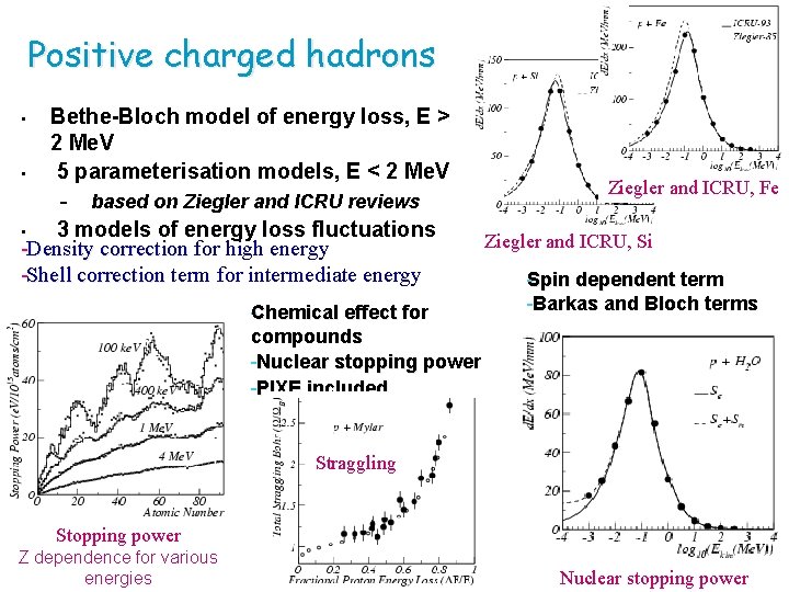 Positive charged hadrons Bethe-Bloch model of energy loss, E > 2 Me. V •