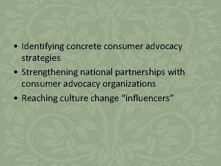  • Identifying concrete consumer advocacy strategies • Strengthening national partnerships with consumer advocacy