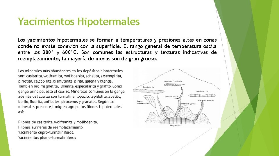 Yacimientos Hipotermales Los yacimientos hipotermales se forman a temperaturas y presiones altas en zonas