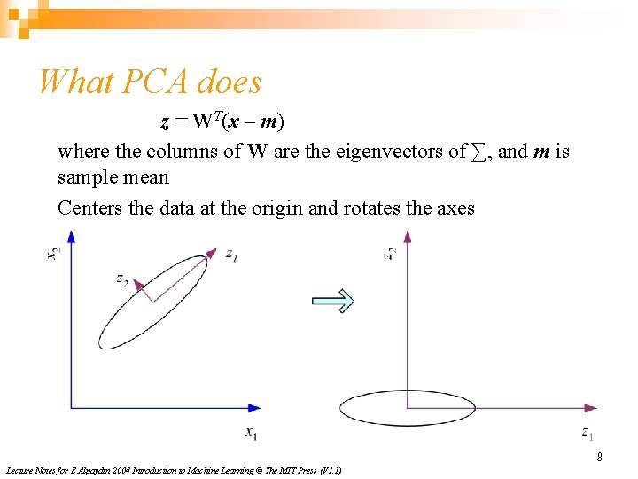 What PCA does z = WT(x – m) where the columns of W are
