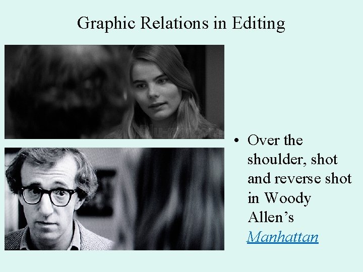 Graphic Relations in Editing • Over the shoulder, shot and reverse shot in Woody