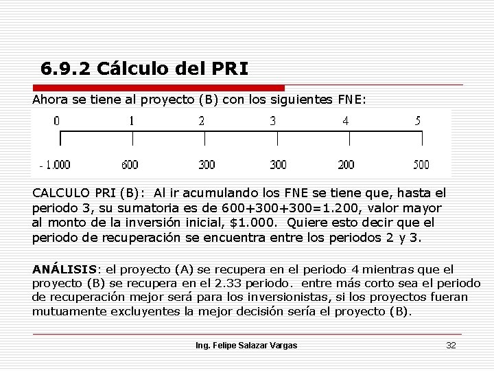 6. 9. 2 Cálculo del PRI Ahora se tiene al proyecto (B) con los