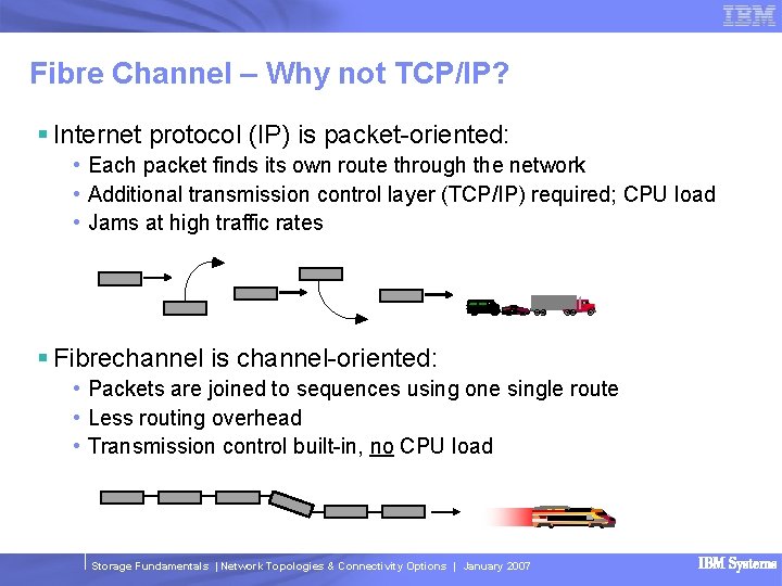 Fibre Channel – Why not TCP/IP? § Internet protocol (IP) is packet-oriented: • Each