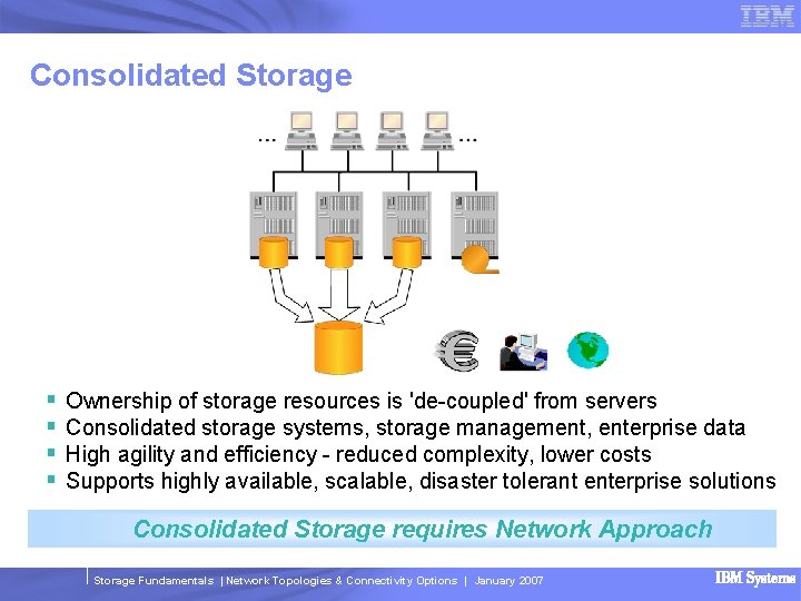 Consolidated Storage § § Ownership of storage resources is 'de-coupled' from servers Consolidated storage