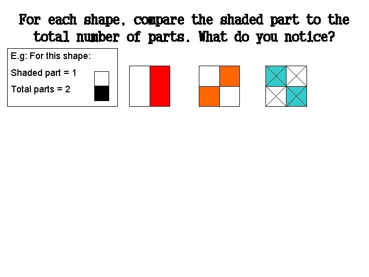 For each shape, compare the shaded part to the total number of parts. What