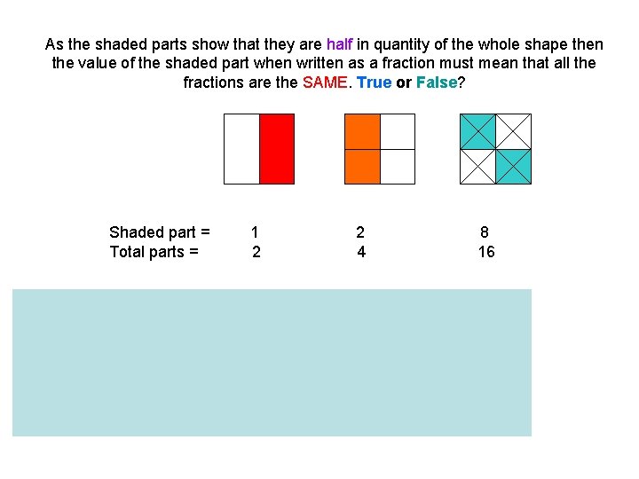 As the shaded parts show that they are half in quantity of the whole