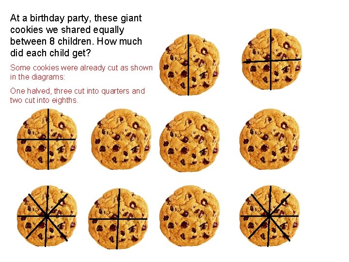 At a birthday party, these giant cookies we shared equally between 8 children. How