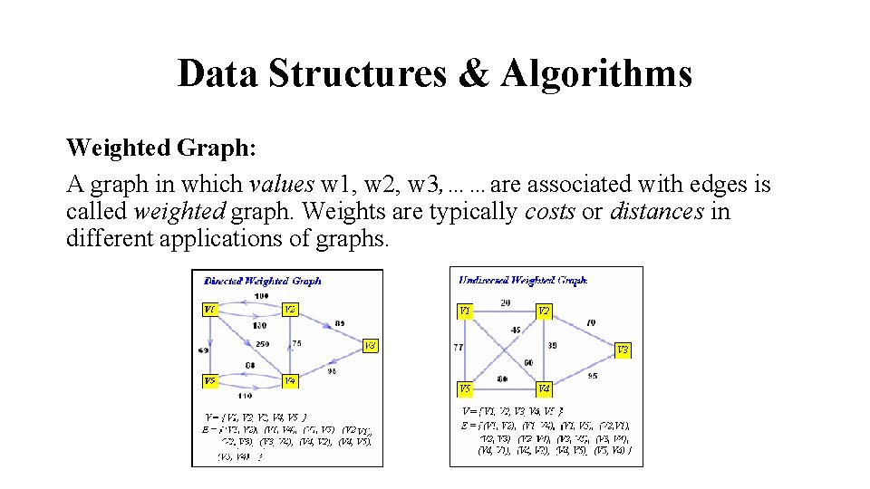 Data Structures & Algorithms Weighted Graph: A graph in which values w 1, w