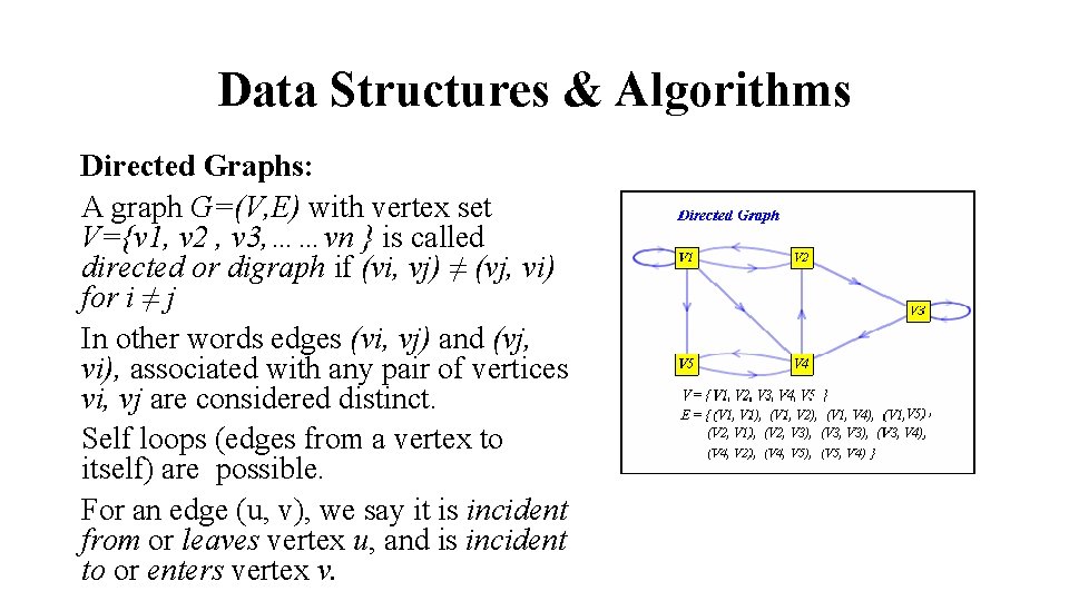 Data Structures & Algorithms Directed Graphs: A graph G=(V, E) with vertex set V={v