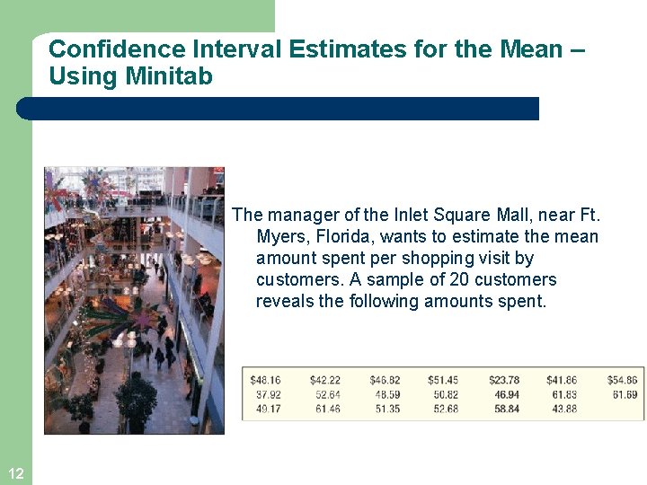 Confidence Interval Estimates for the Mean – Using Minitab The manager of the Inlet