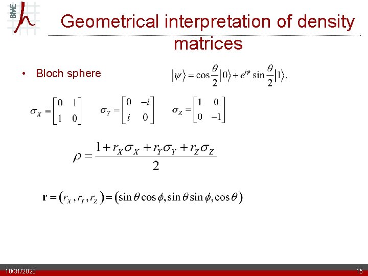 Geometrical interpretation of density matrices • Bloch sphere 10/31/2020 15 