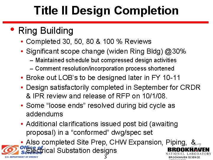 Title II Design Completion • Ring Building • Completed 30, 50, 80 & 100