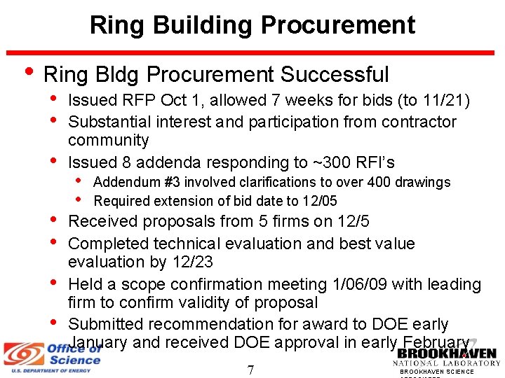Ring Building Procurement • Ring Bldg Procurement Successful • • Issued RFP Oct 1,