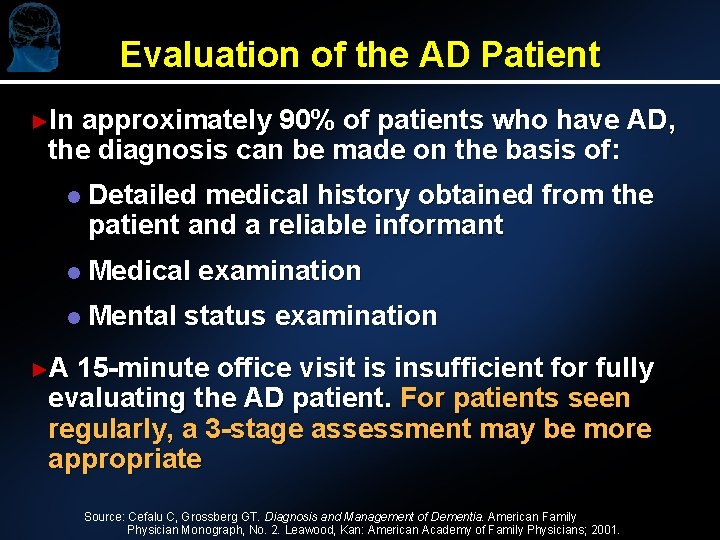 Evaluation of the AD Patient ►In approximately 90% of patients who have AD, the