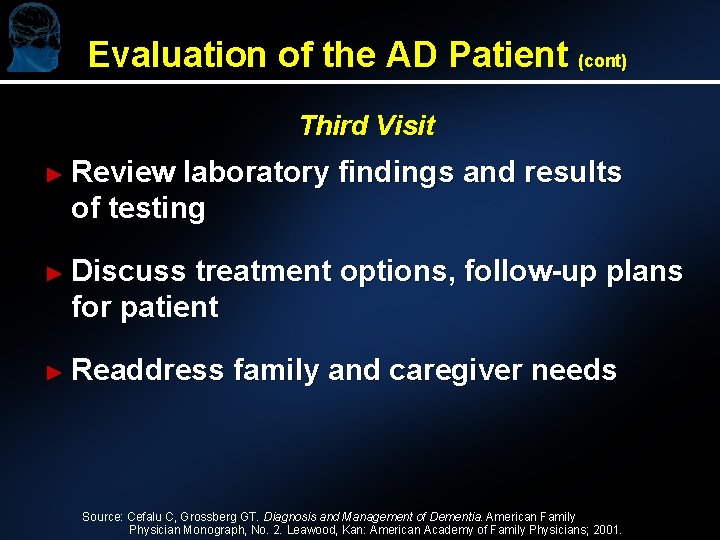 Evaluation of the AD Patient (cont) Third Visit ► Review laboratory findings and results