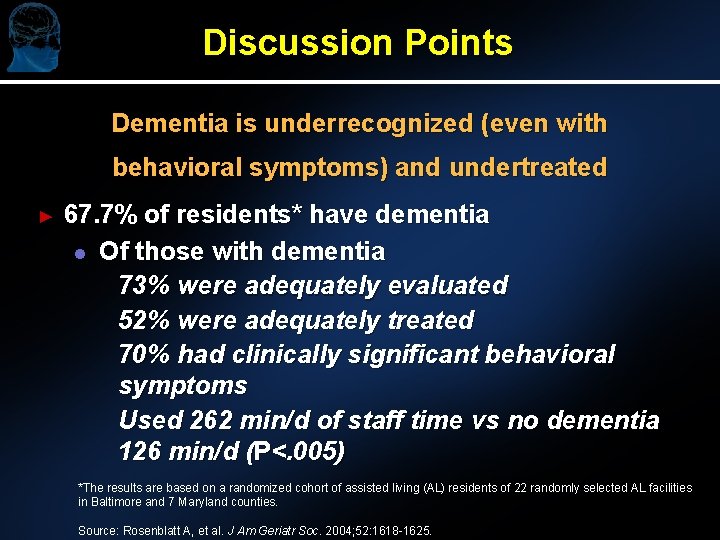 Discussion Points Dementia is underrecognized (even with behavioral symptoms) and undertreated ► 67. 7%