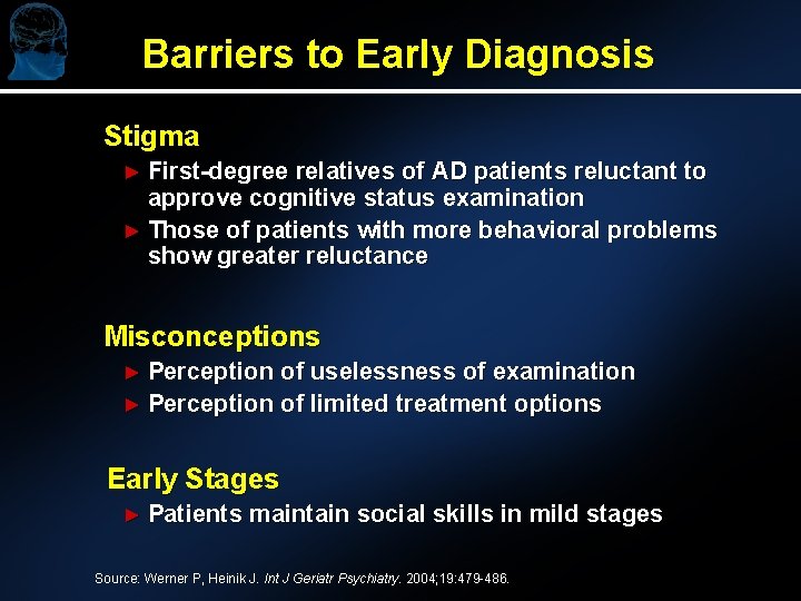 Barriers to Early Diagnosis Stigma ► First-degree relatives of AD patients reluctant to approve