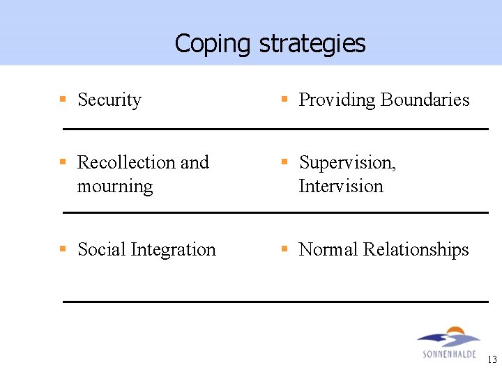 Coping strategies § Security § Providing Boundaries § Recollection and mourning § Supervision, Intervision