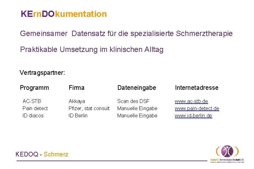 KErn. DOkumentation Gemeinsamer Datensatz für die spezialisierte Schmerztherapie Praktikable Umsetzung im klinischen Alltag Vertragspartner: